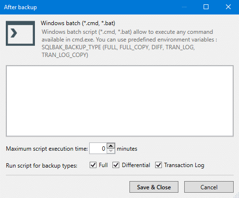 SQLBackupAndFTP Custom scripts Windows batch scripts