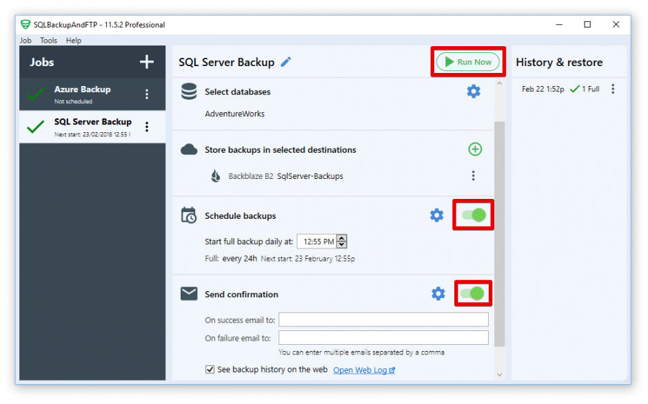 backblaze: schedule sql server backups