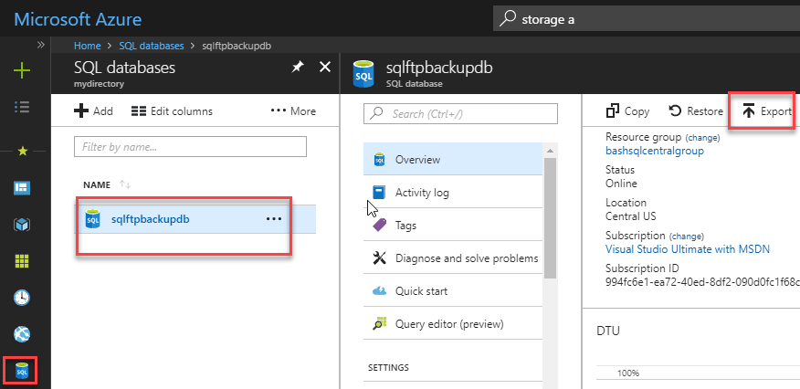 Azure DB export option