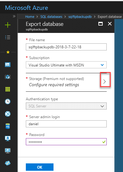 Properties to export Azure sql