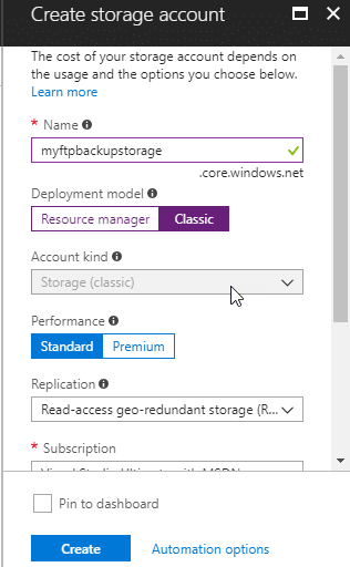 Create classic storage account