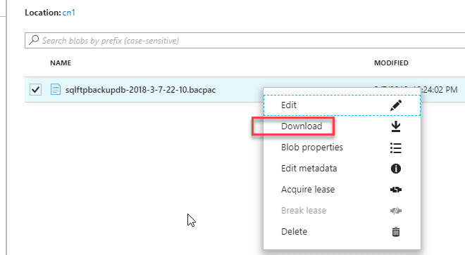Download bacpac for Azure Storage account