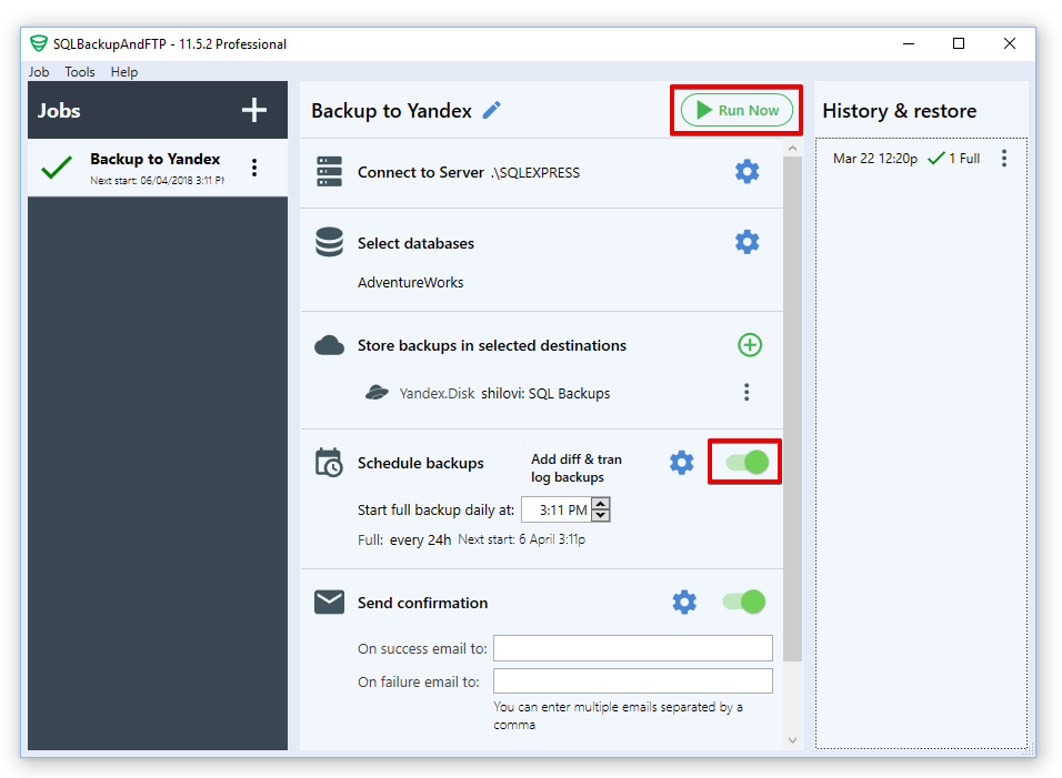 sql backup to yandex disk