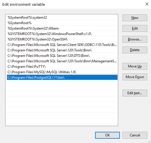 Setting Windows PATH for Postgres tools new Path variables